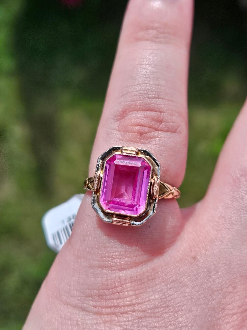 Vintage 10K Yellow Gold Pink Ice Topaz Emerald Cut Cocktail Ring Size 5.75